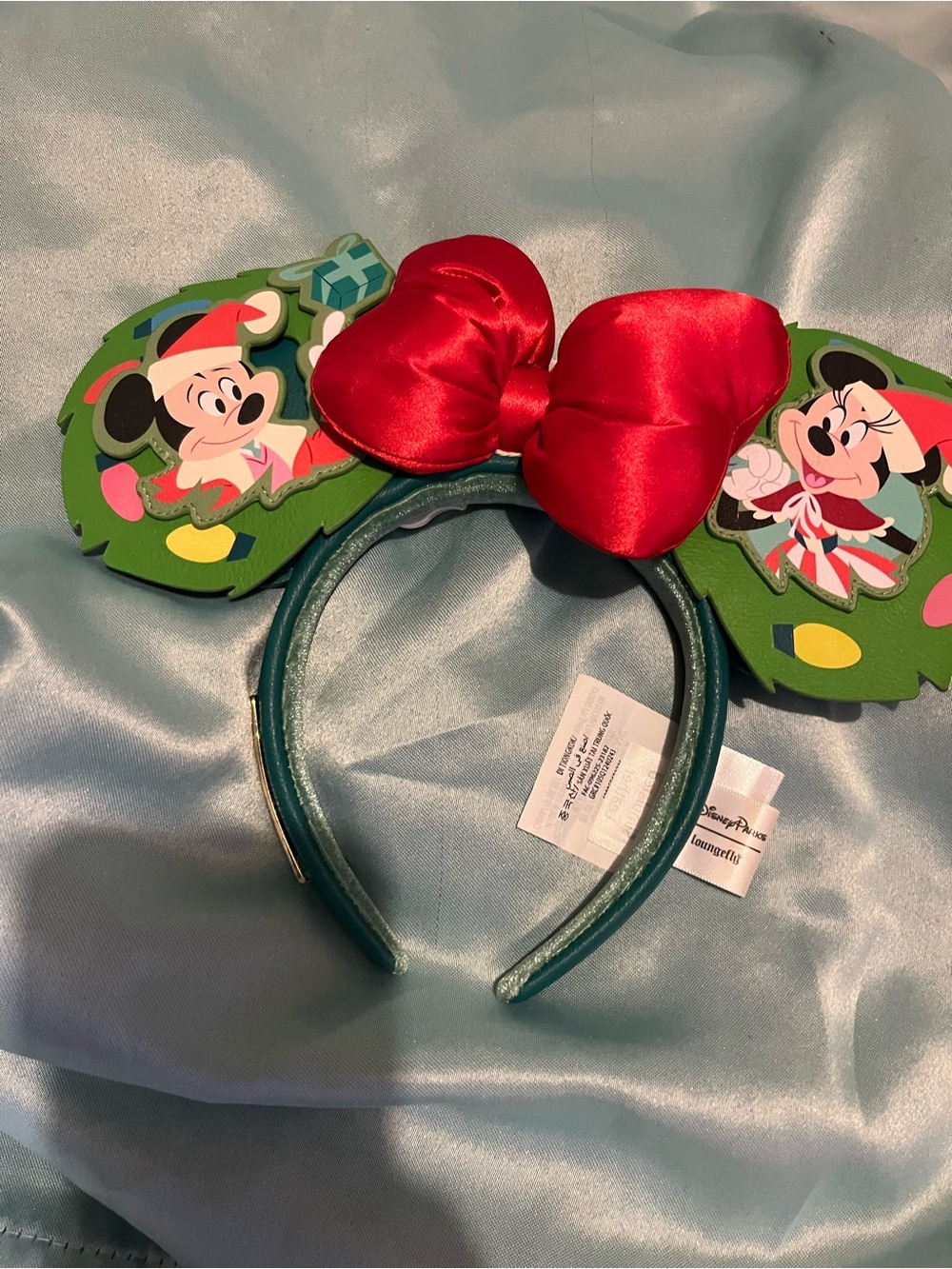 Disney Green Ear Headband with Red Satin Bow - Picture 1 of 2
